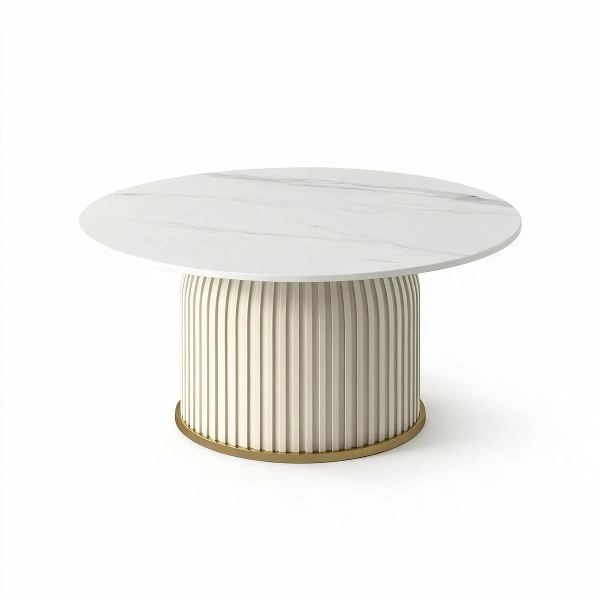 LIVARA Round Sintered Stone Coffee Table 12mm Thick Top Microfiber Leather Base Brushed Gold Trim for Living Room Apartment Lounge - White