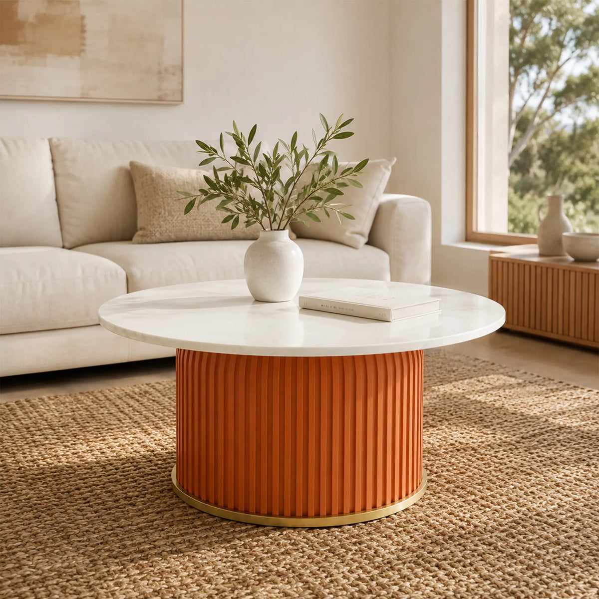 LIVARA Round Sintered Stone Coffee Table 12mm Thick Top Microfiber Leather Base Brushed Gold Trim for Living Room Apartment Lounge - Orange