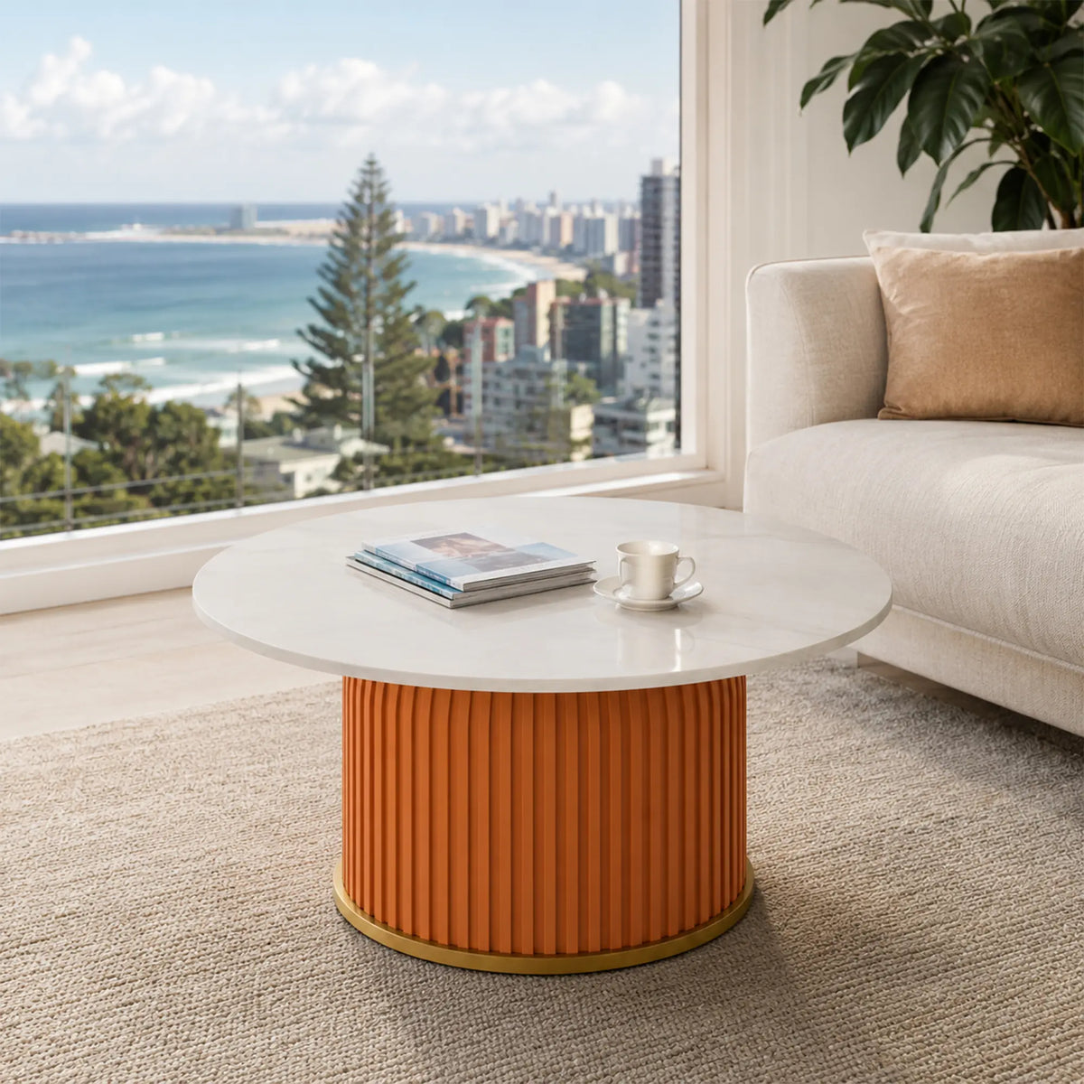 LIVARA Round Sintered Stone Coffee Table 12mm Thick Top Microfiber Leather Base Brushed Gold Trim for Living Room Apartment Lounge - Orange