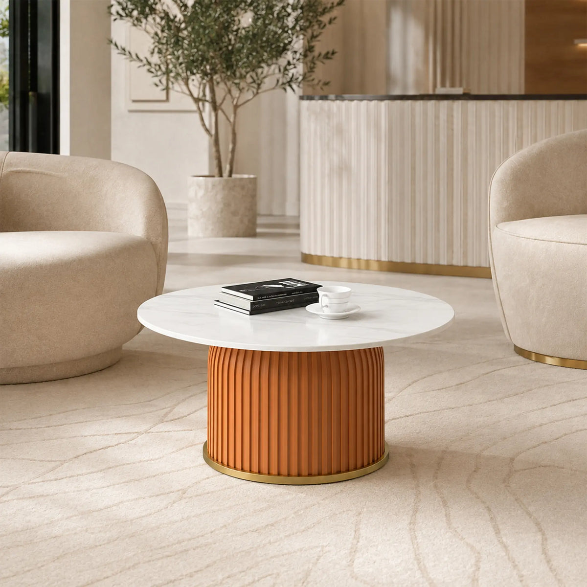 LIVARA Round Sintered Stone Coffee Table 12mm Thick Top Microfiber Leather Base Brushed Gold Trim for Living Room Apartment Lounge - Orange