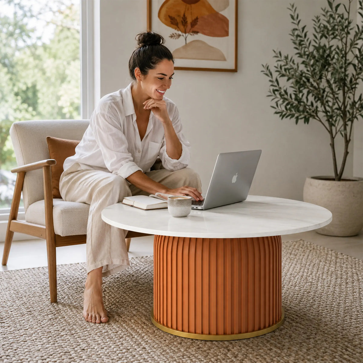 LIVARA Round Sintered Stone Coffee Table 12mm Thick Top Microfiber Leather Base Brushed Gold Trim for Living Room Apartment Lounge - Orange