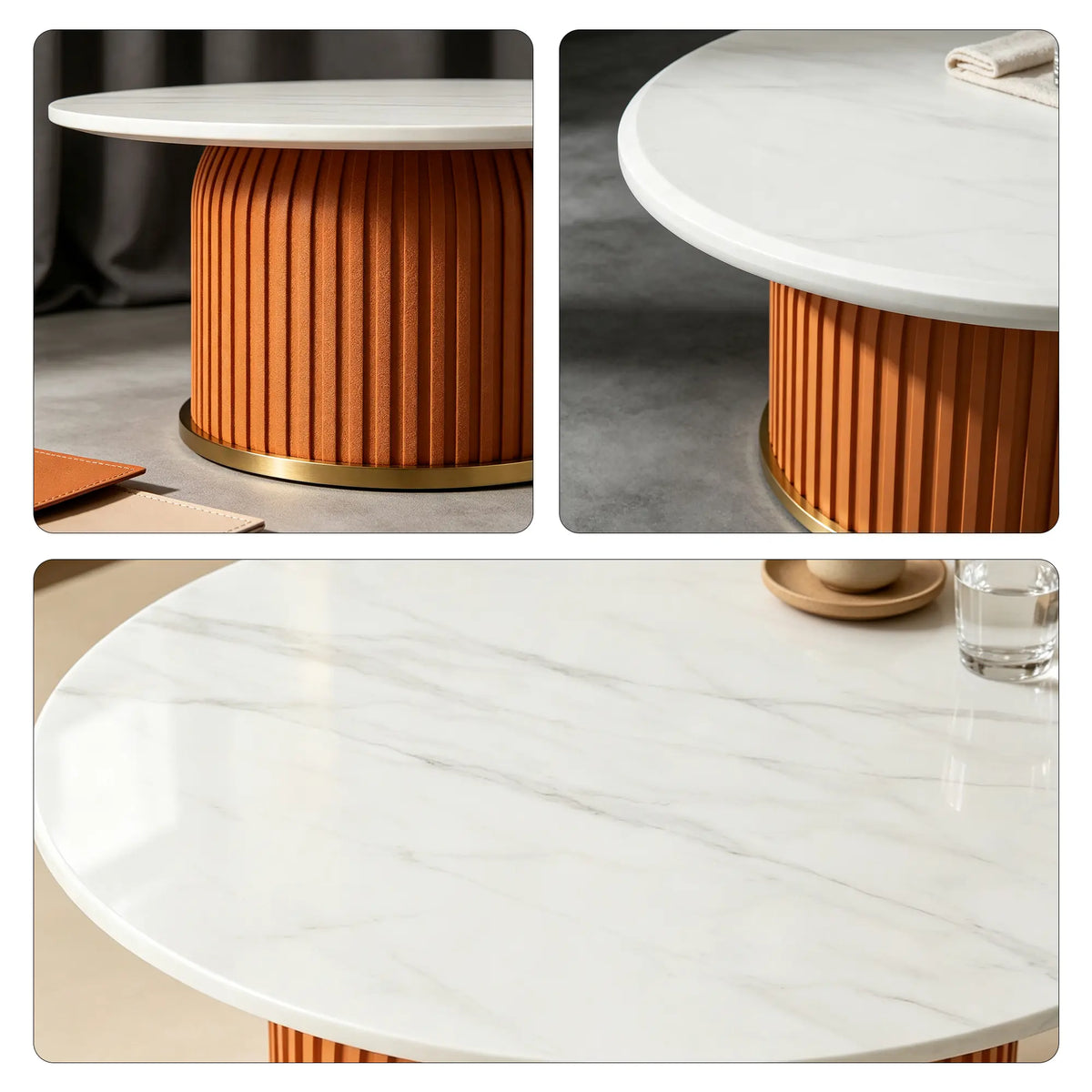 LIVARA Round Sintered Stone Coffee Table 12mm Thick Top Microfiber Leather Base Brushed Gold Trim for Living Room Apartment Lounge - Orange