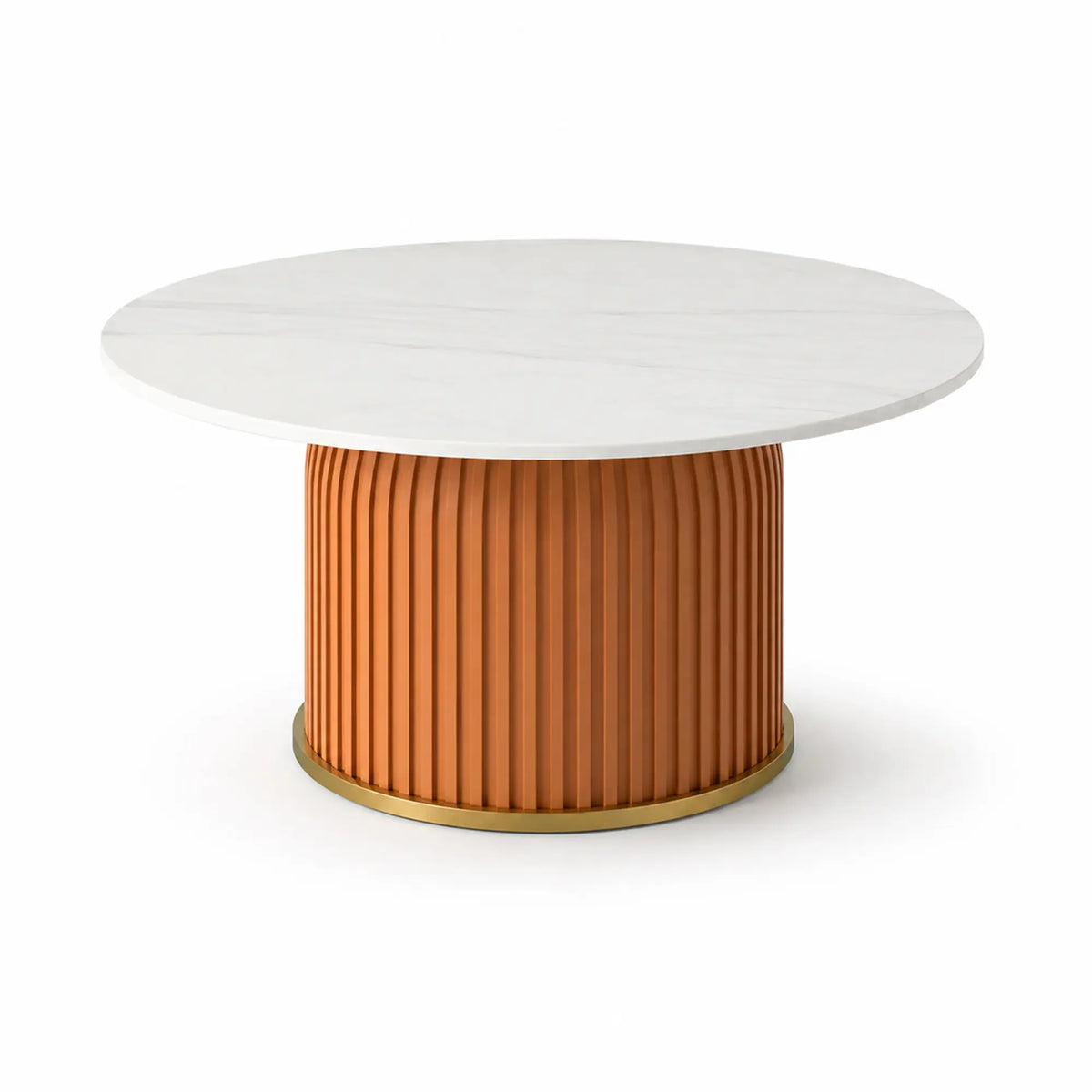 LIVARA Round Sintered Stone Coffee Table 12mm Thick Top Microfiber Leather Base Brushed Gold Trim for Living Room Apartment Lounge - Orange