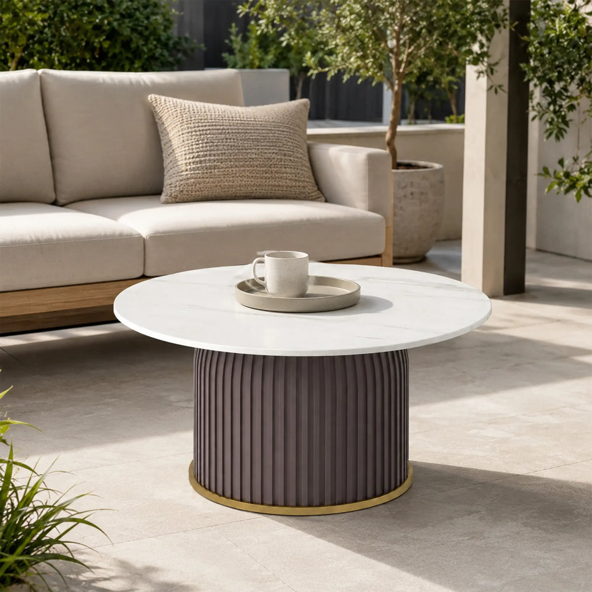 LIVARA Round Sintered Stone Coffee Table 12mm Thick Top Microfiber Leather Base Brushed Gold Trim for Living Room Apartment Lounge - Grey