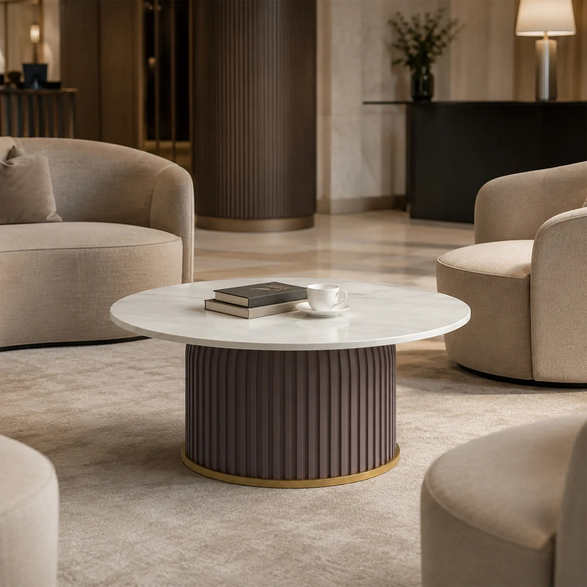 LIVARA Round Sintered Stone Coffee Table 12mm Thick Top Microfiber Leather Base Brushed Gold Trim for Living Room Apartment Lounge - Grey