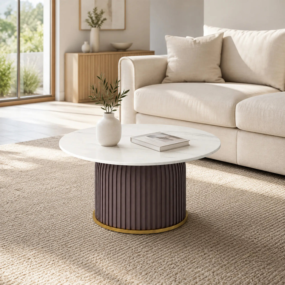 LIVARA Round Sintered Stone Coffee Table 12mm Thick Top Microfiber Leather Base Brushed Gold Trim for Living Room Apartment Lounge - Grey