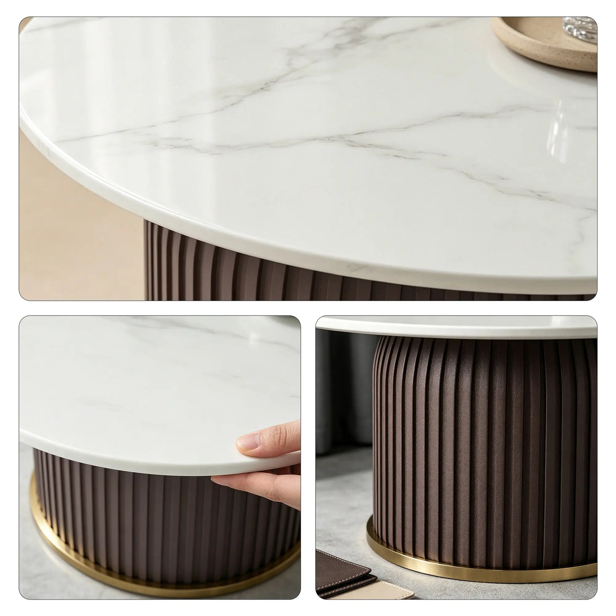 LIVARA Round Sintered Stone Coffee Table 12mm Thick Top Microfiber Leather Base Brushed Gold Trim for Living Room Apartment Lounge - Grey