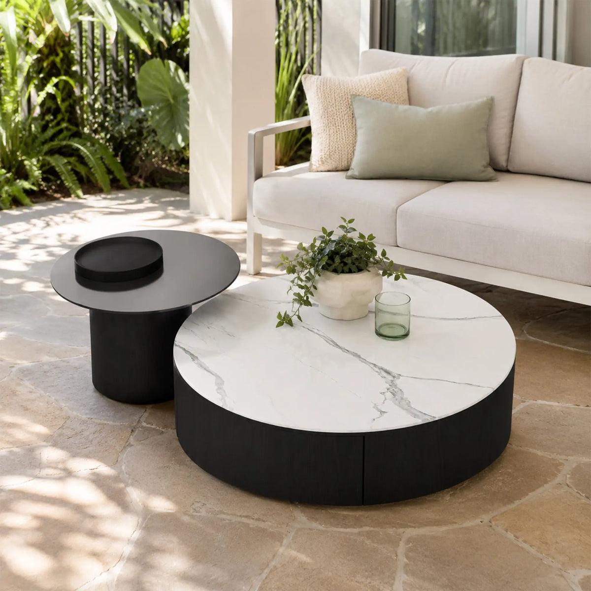 LIVARA Round Coffee Table Set Sintered Stone Top Tempered Glass Side Table Hidden Storage for Living Room Sofa Area Lounge - White & Black