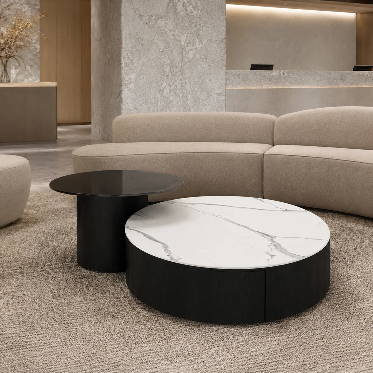 LIVARA Round Coffee Table Set Sintered Stone Top Tempered Glass Side Table Hidden Storage for Living Room Sofa Area Lounge - White & Black