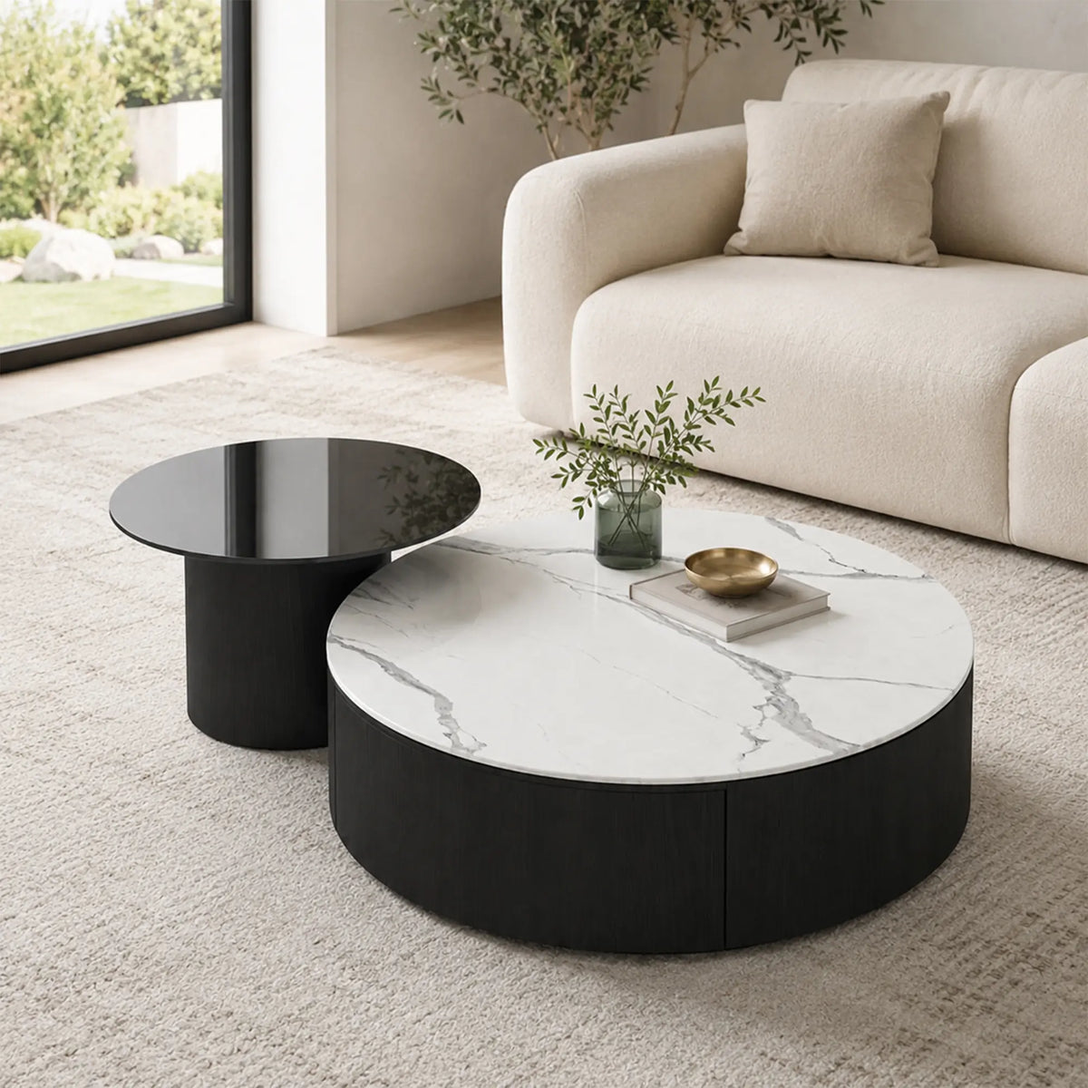 LIVARA Round Coffee Table Set Sintered Stone Top Tempered Glass Side Table Hidden Storage for Living Room Sofa Area Lounge - White & Black