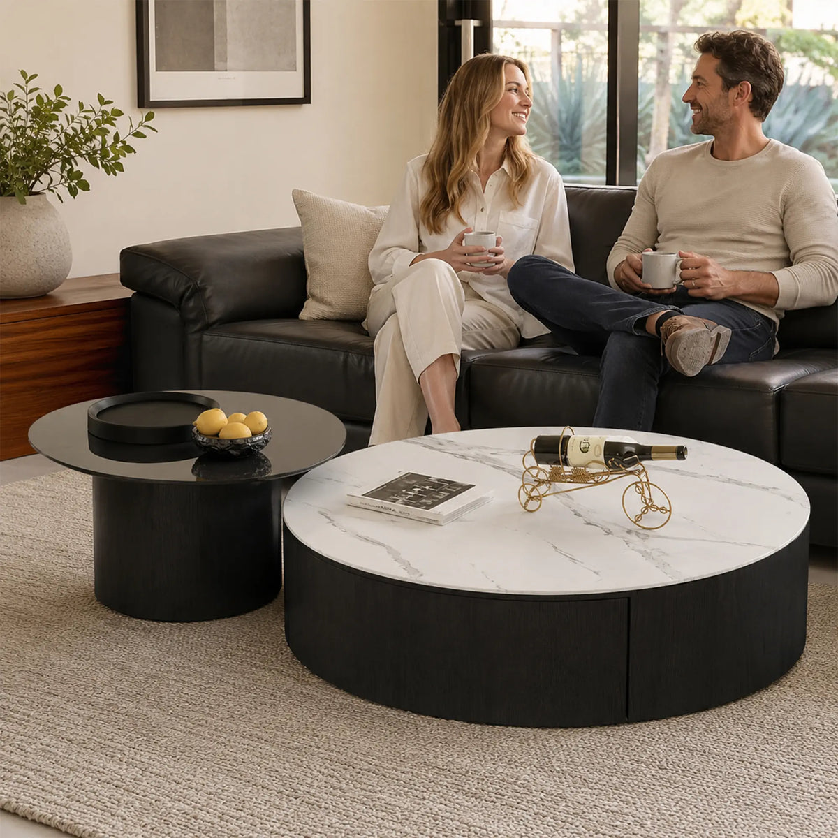 LIVARA Round Coffee Table Set Sintered Stone Top Tempered Glass Side Table Hidden Storage for Living Room Sofa Area Lounge - White & Black