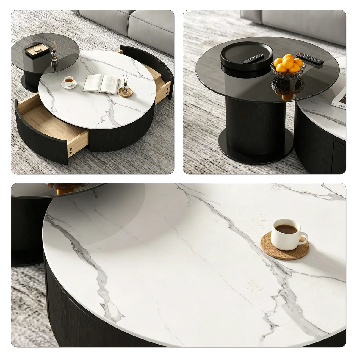 LIVARA Round Coffee Table Set Sintered Stone Top Tempered Glass Side Table Hidden Storage for Living Room Sofa Area Lounge - White & Black