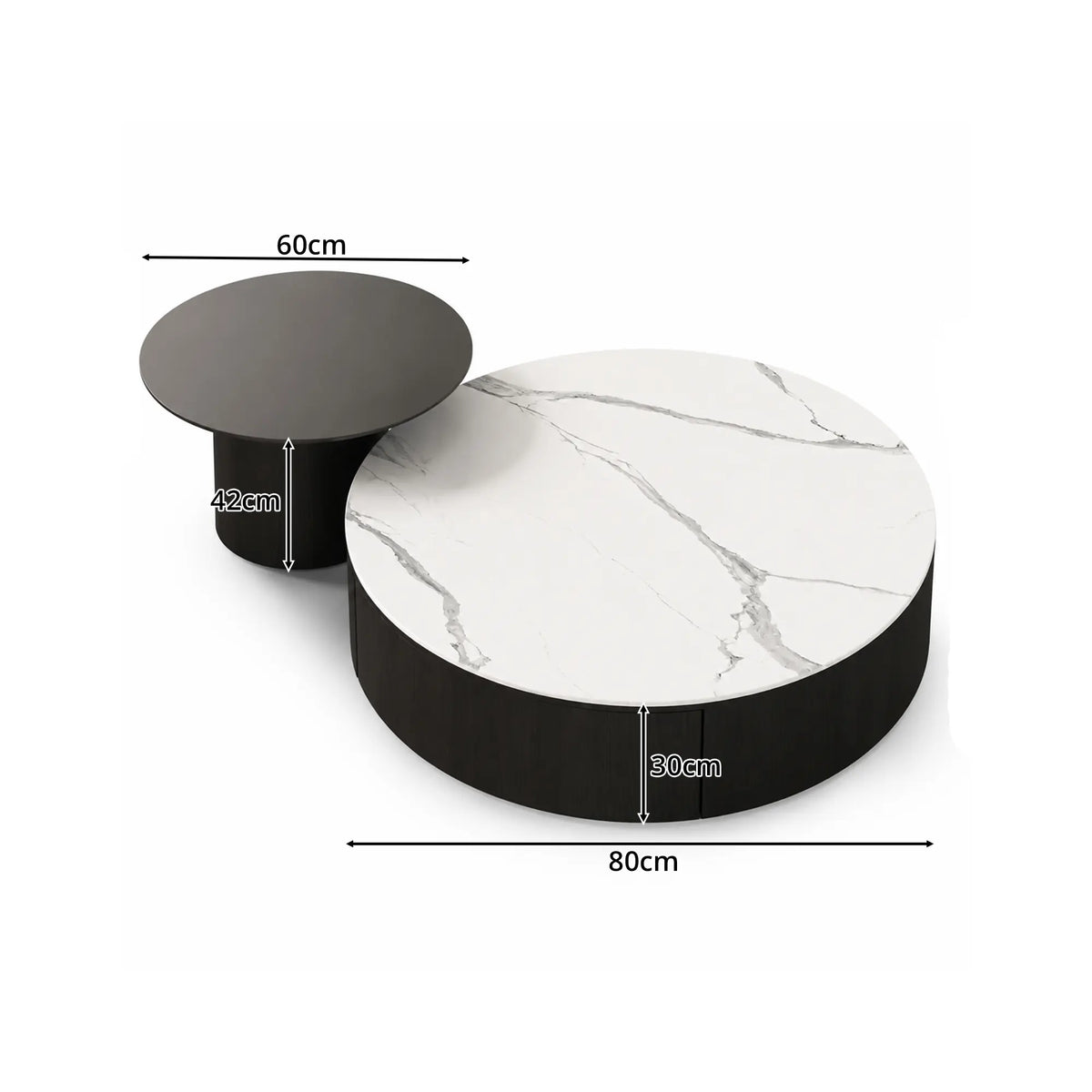 LIVARA Round Coffee Table Set Sintered Stone Top Tempered Glass Side Table Hidden Storage for Living Room Sofa Area Lounge - White & Black