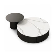 LIVARA Round Coffee Table Set Sintered Stone Top Tempered Glass Side Table Hidden Storage for Living Room Sofa Area Lounge - White & Black