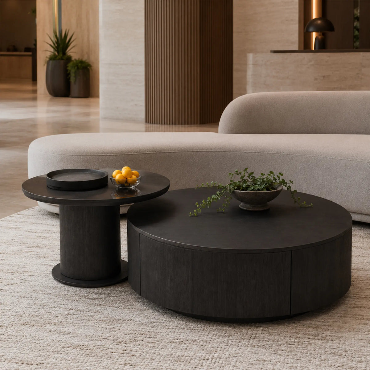 LIVARA Round Coffee Table Set Sintered Stone Top Tempered Glass Side Table Hidden Storage for Living Room Sofa Area Lounge - Black