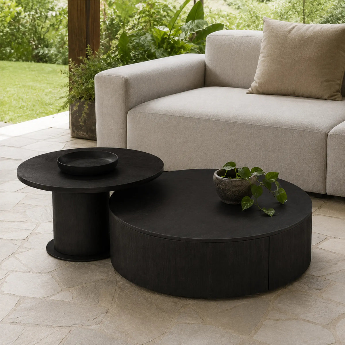 LIVARA Round Coffee Table Set Sintered Stone Top Tempered Glass Side Table Hidden Storage for Living Room Sofa Area Lounge - Black