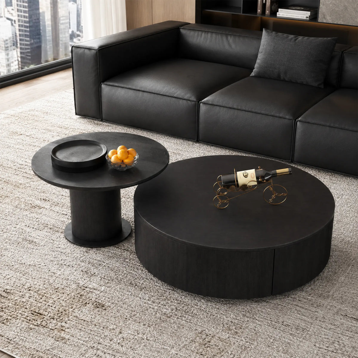 LIVARA Round Coffee Table Set Sintered Stone Top Tempered Glass Side Table Hidden Storage for Living Room Sofa Area Lounge - Black