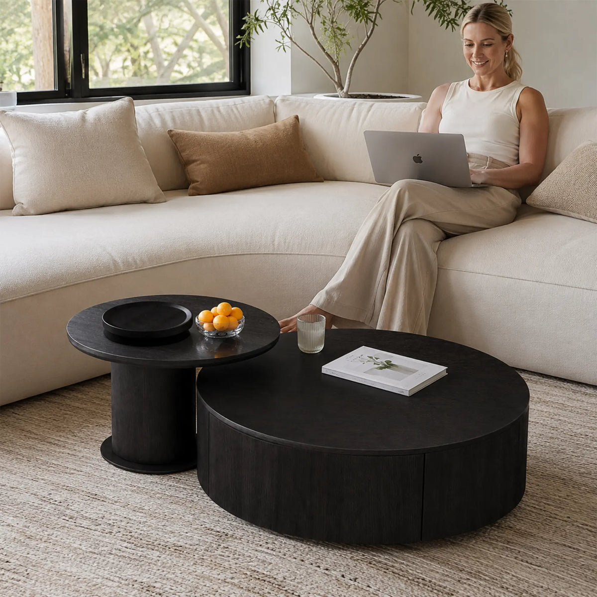 LIVARA Round Coffee Table Set Sintered Stone Top Tempered Glass Side Table Hidden Storage for Living Room Sofa Area Lounge - Black