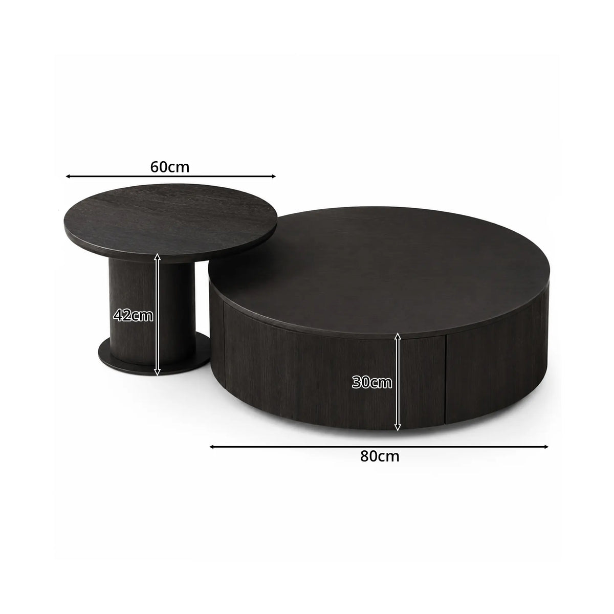 LIVARA Round Coffee Table Set Sintered Stone Top Tempered Glass Side Table Hidden Storage for Living Room Sofa Area Lounge - Black