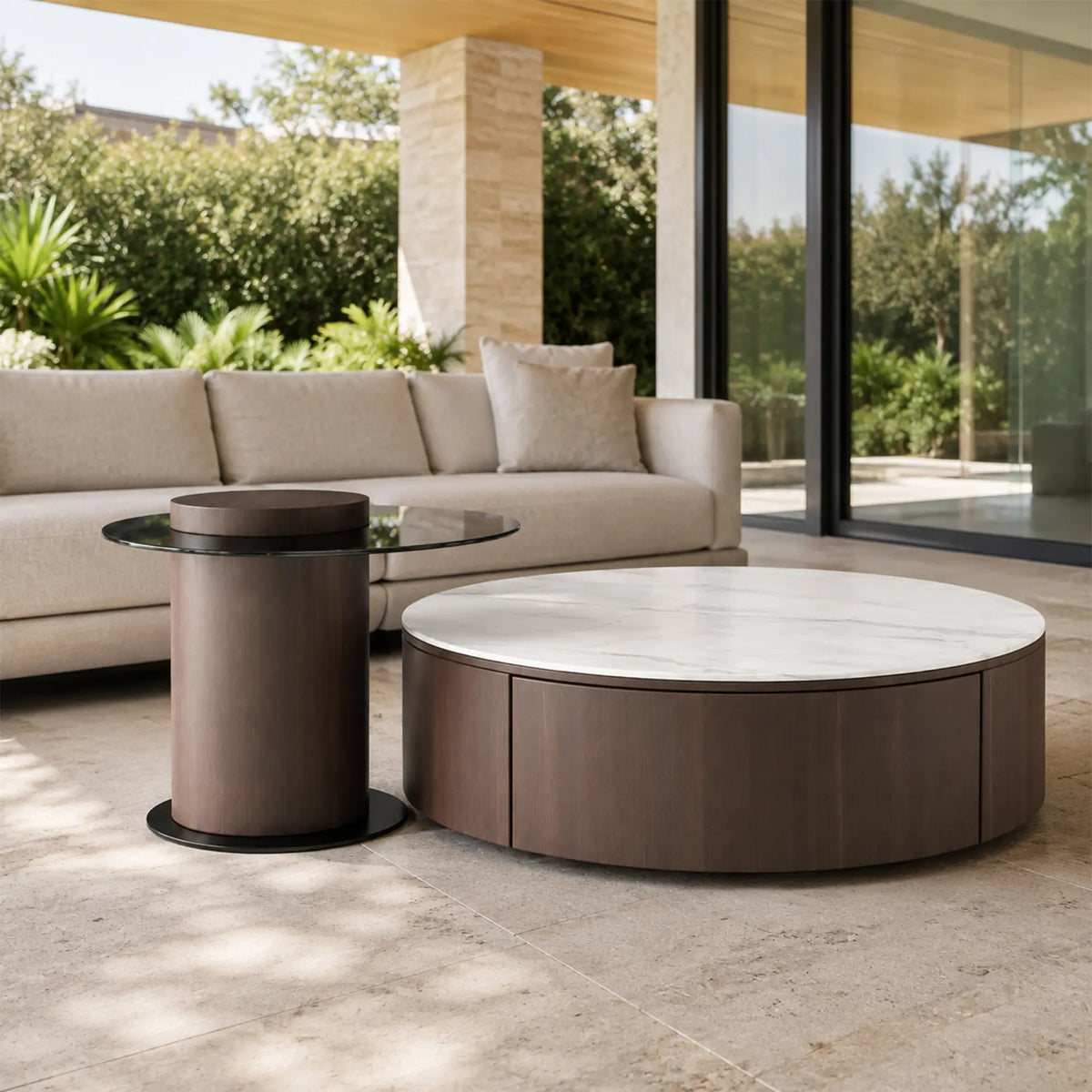 LIVARA Round Coffee Table Set Sintered Stone Top Tempered Glass Side Table Hidden Storage for Living Room Sofa Area Lounge - Brown & White