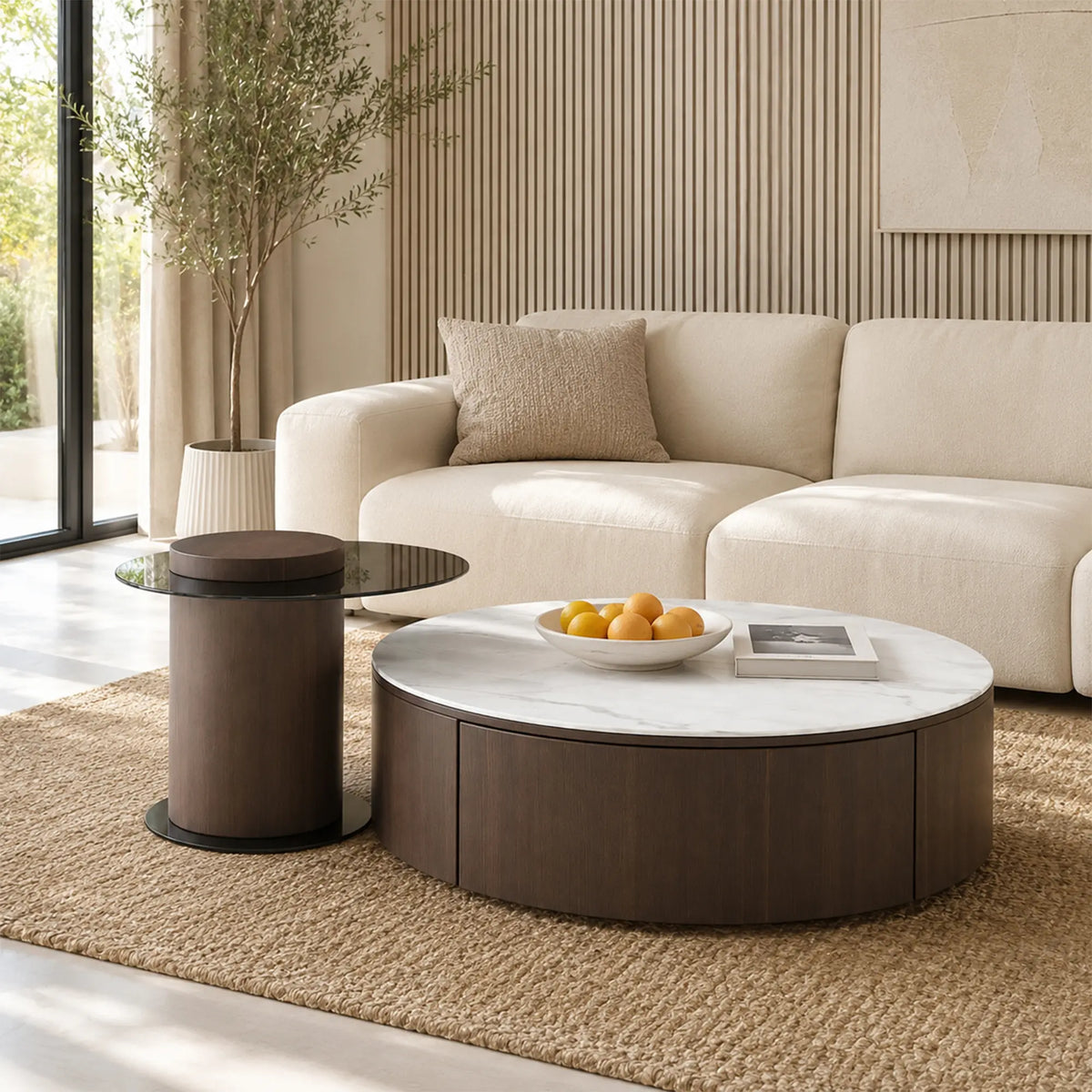 LIVARA Round Coffee Table Set Sintered Stone Top Tempered Glass Side Table Hidden Storage for Living Room Sofa Area Lounge - Brown & White