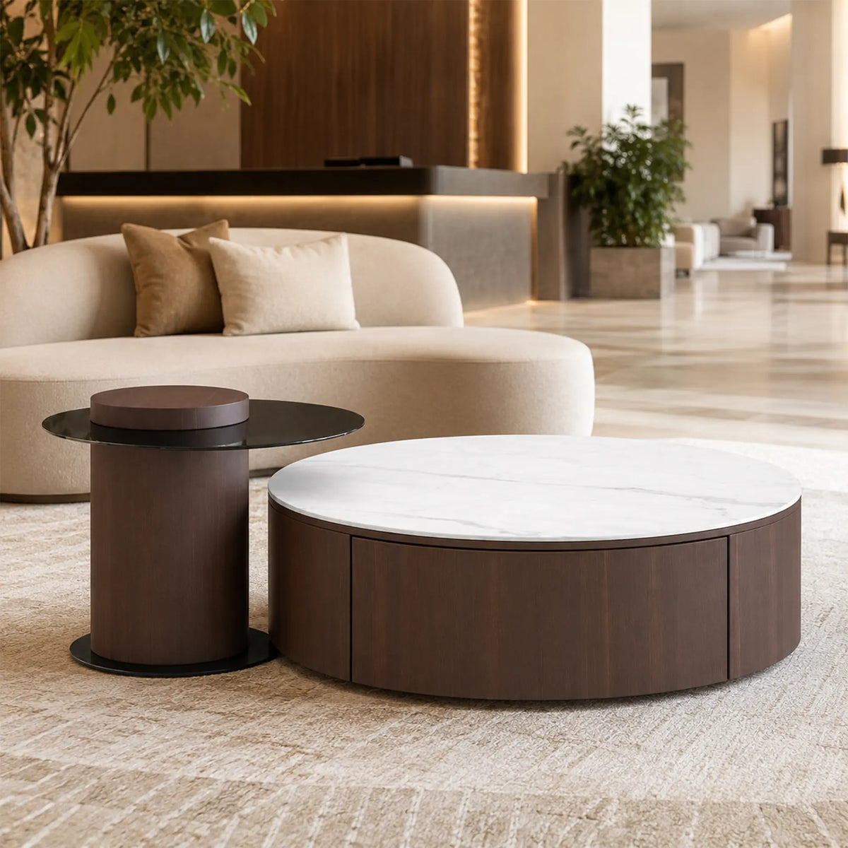 LIVARA Round Coffee Table Set Sintered Stone Top Tempered Glass Side Table Hidden Storage for Living Room Sofa Area Lounge - Brown & White