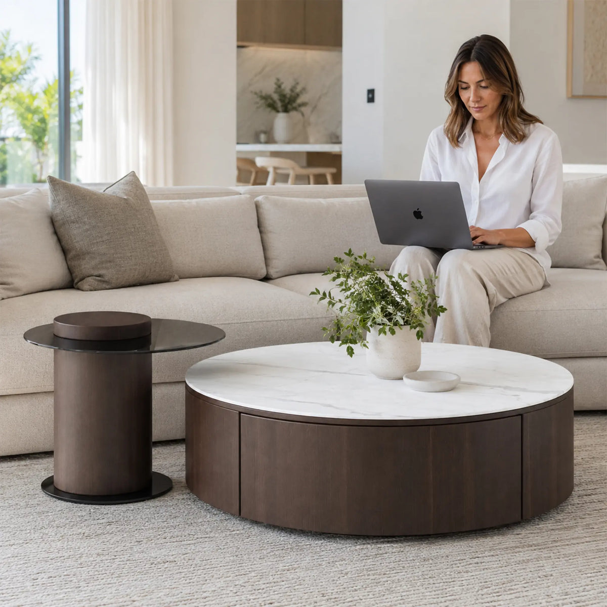 LIVARA Round Coffee Table Set Sintered Stone Top Tempered Glass Side Table Hidden Storage for Living Room Sofa Area Lounge - Brown & White