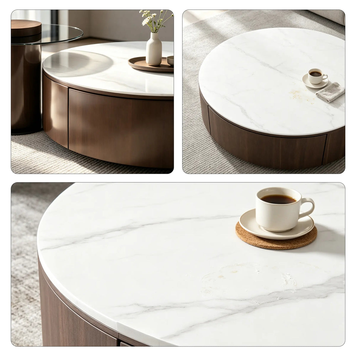 LIVARA Round Coffee Table Set Sintered Stone Top Tempered Glass Side Table Hidden Storage for Living Room Sofa Area Lounge - Brown & White