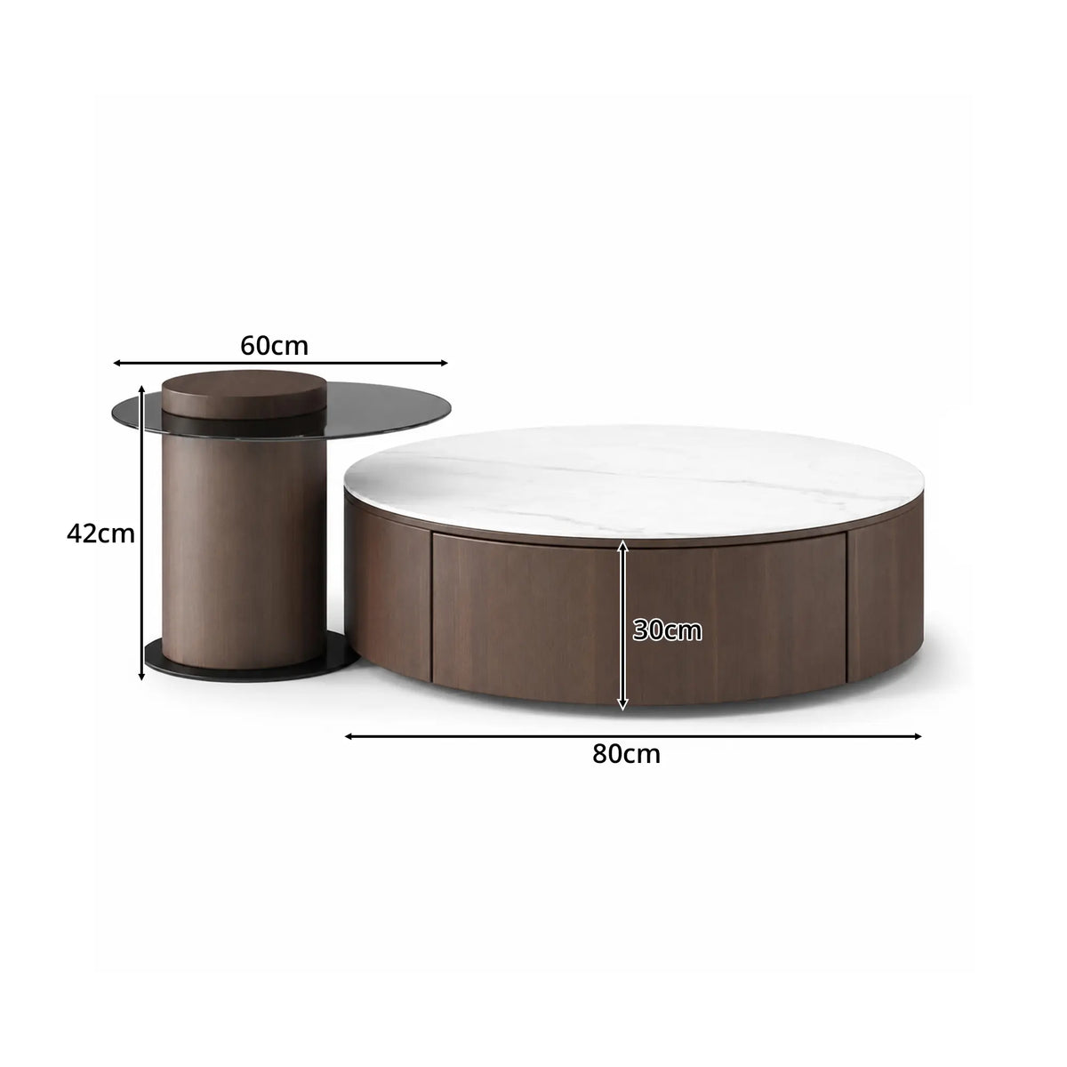 LIVARA Round Coffee Table Set Sintered Stone Top Tempered Glass Side Table Hidden Storage for Living Room Sofa Area Lounge - Brown & White