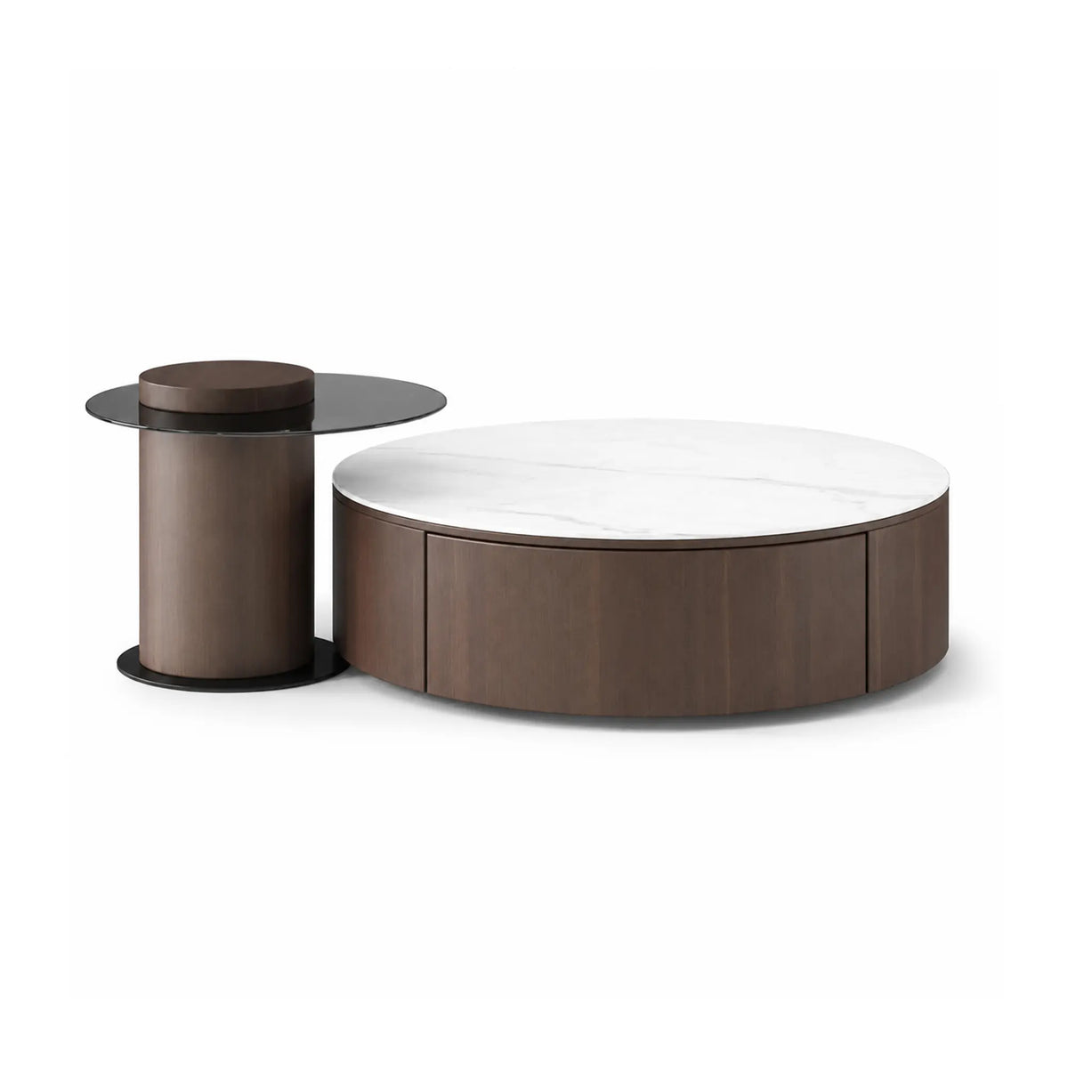 LIVARA Round Coffee Table Set Sintered Stone Top Tempered Glass Side Table Hidden Storage for Living Room Sofa Area Lounge - Brown & White