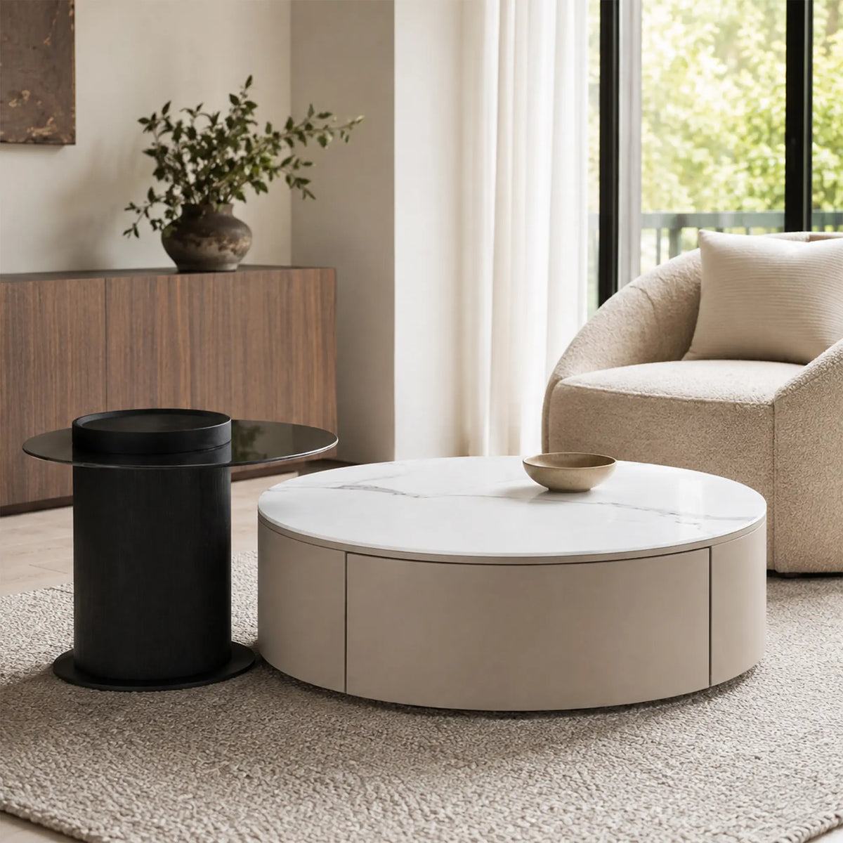 LIVARA Round Coffee Table Set Sintered Stone Top Tempered Glass Side Table Hidden Storage for Living Room Sofa Area Lounge - Coffee & Black