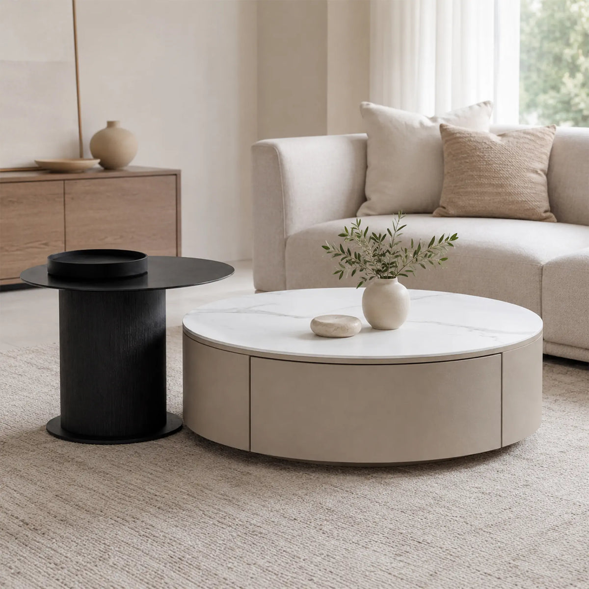 LIVARA Round Coffee Table Set Sintered Stone Top Tempered Glass Side Table Hidden Storage for Living Room Sofa Area Lounge - Coffee & Black