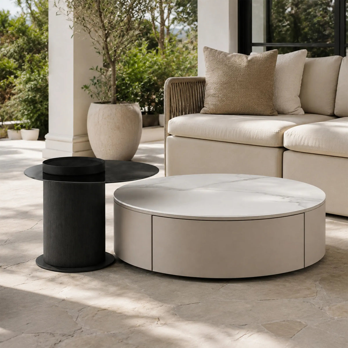 LIVARA Round Coffee Table Set Sintered Stone Top Tempered Glass Side Table Hidden Storage for Living Room Sofa Area Lounge - Coffee & Black