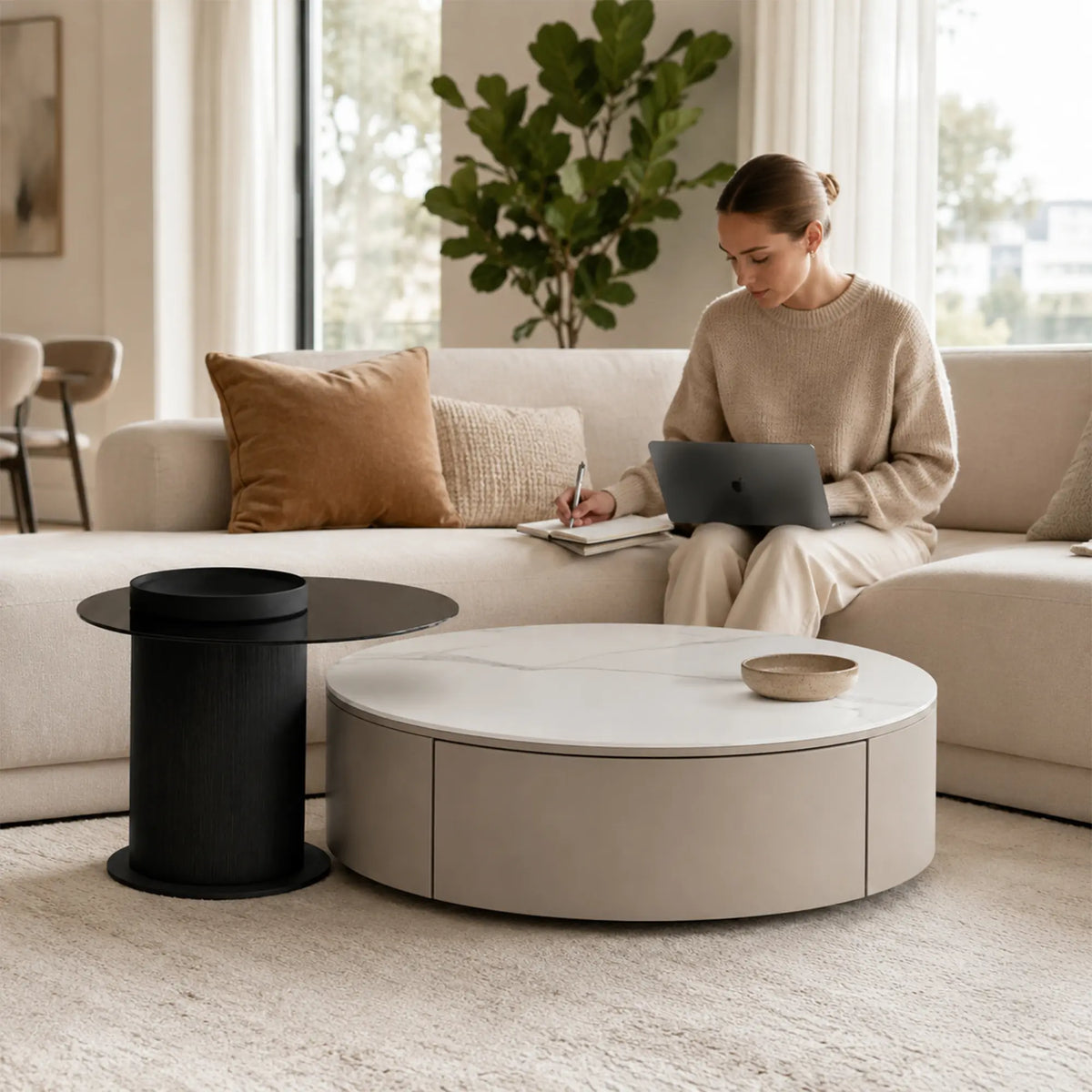 LIVARA Round Coffee Table Set Sintered Stone Top Tempered Glass Side Table Hidden Storage for Living Room Sofa Area Lounge - Coffee & Black