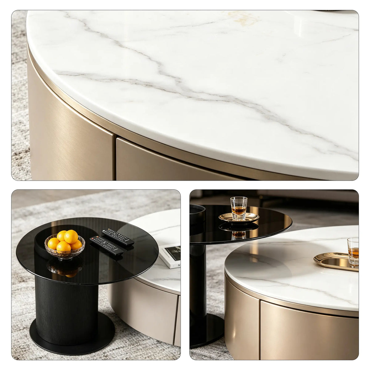 LIVARA Round Coffee Table Set Sintered Stone Top Tempered Glass Side Table Hidden Storage for Living Room Sofa Area Lounge - Coffee & Black
