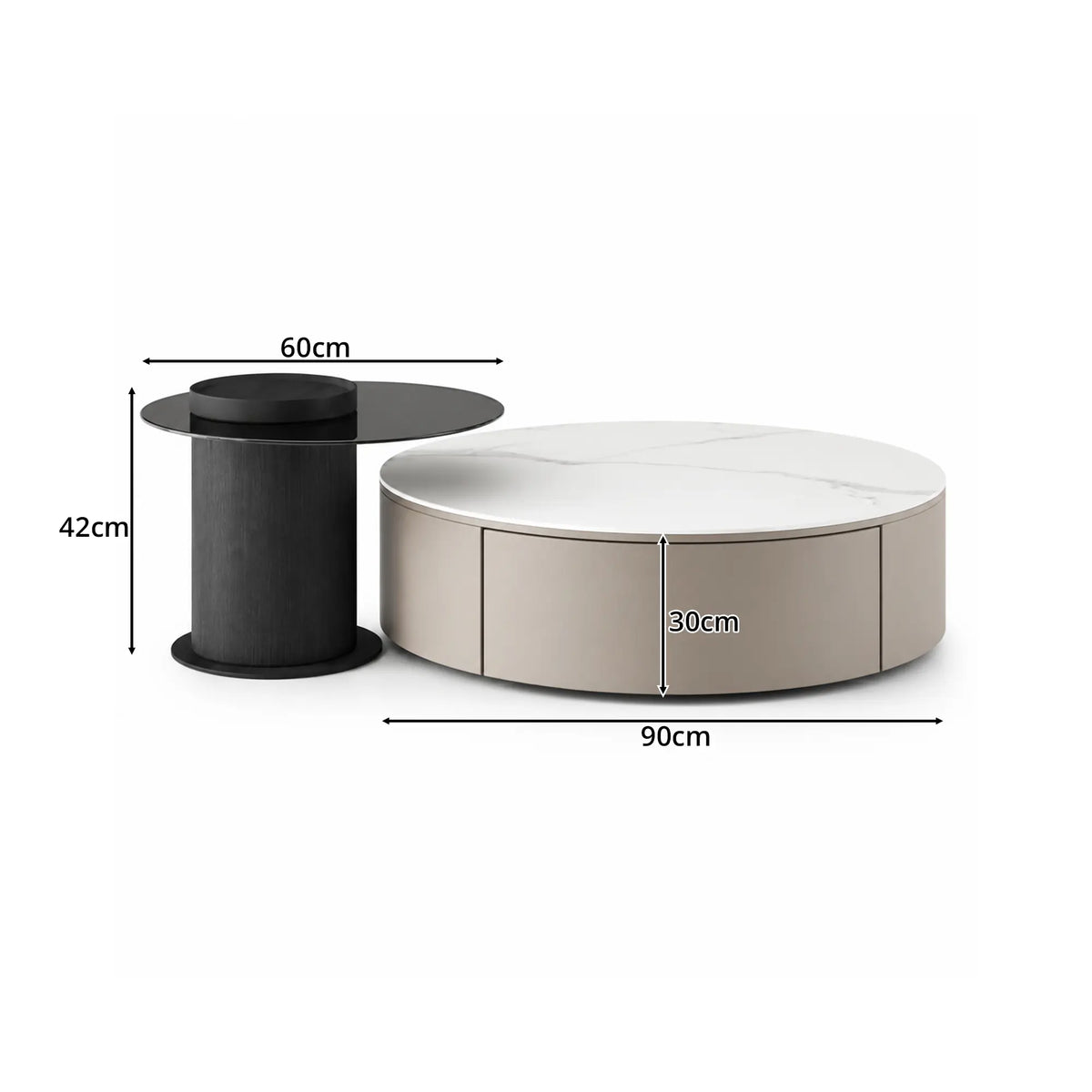 LIVARA Round Coffee Table Set Sintered Stone Top Tempered Glass Side Table Hidden Storage for Living Room Sofa Area Lounge - Coffee & Black