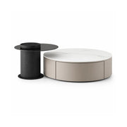 LIVARA Round Coffee Table Set Sintered Stone Top Tempered Glass Side Table Hidden Storage for Living Room Sofa Area Lounge - Coffee & Black