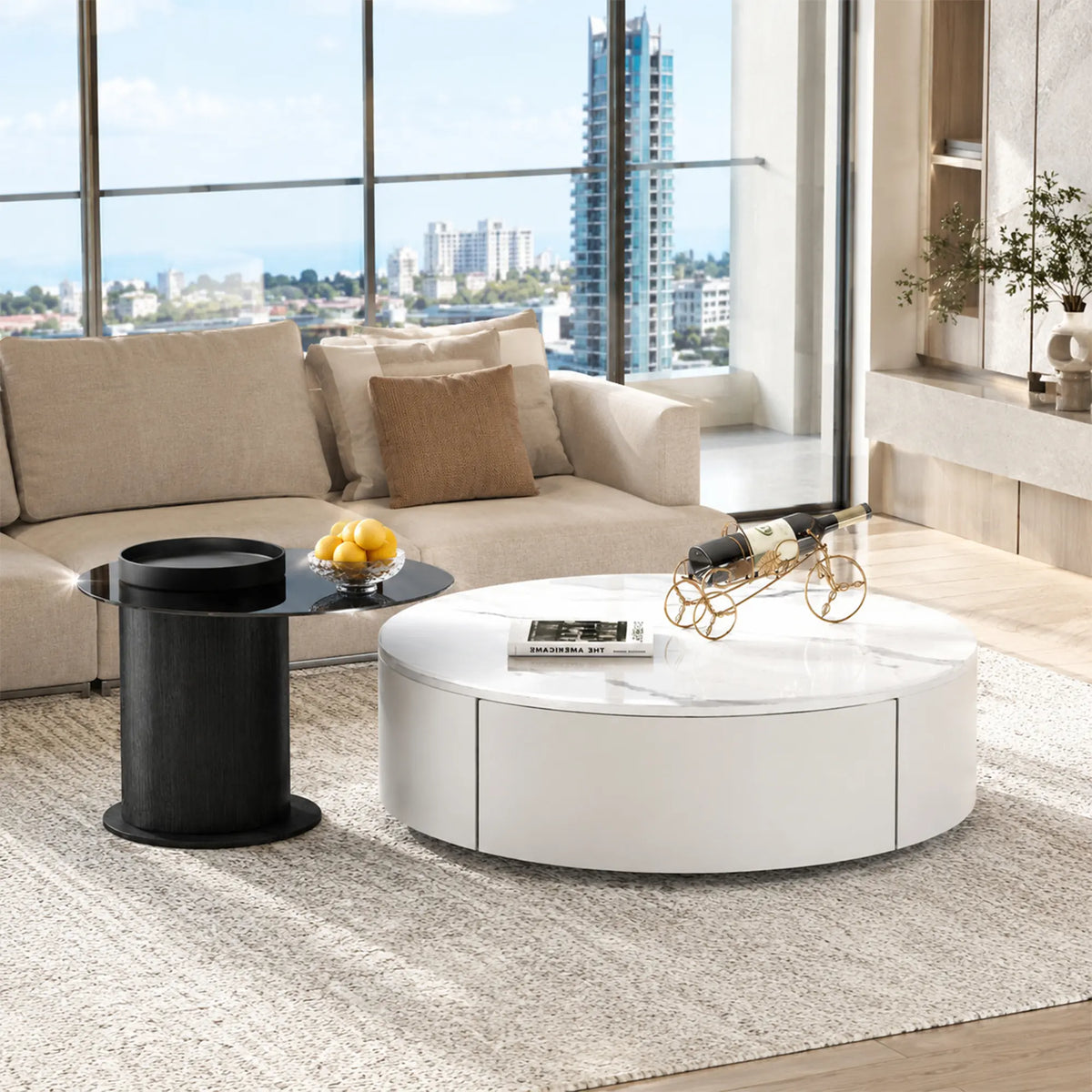 LIVARA Modern Coffee Table Set Sintered Stone Tempered Glass Solid Wood Drawer for Living Room Apartment Reception Area - White & Black