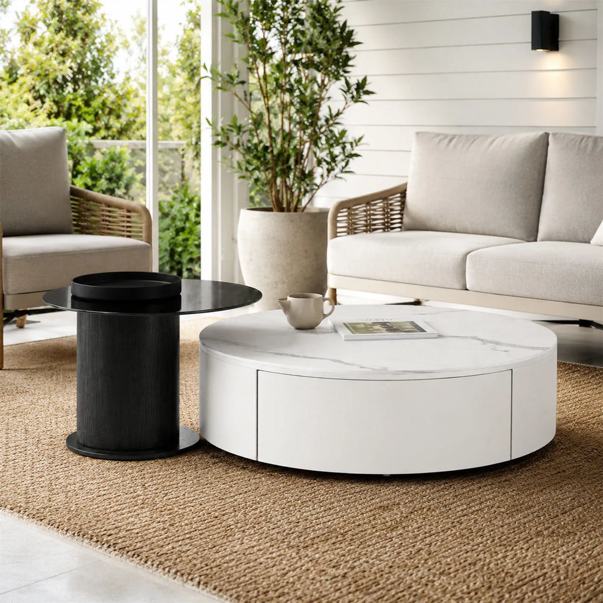 LIVARA Modern Coffee Table Set Sintered Stone Tempered Glass Solid Wood Drawer for Living Room Apartment Reception Area - White & Black