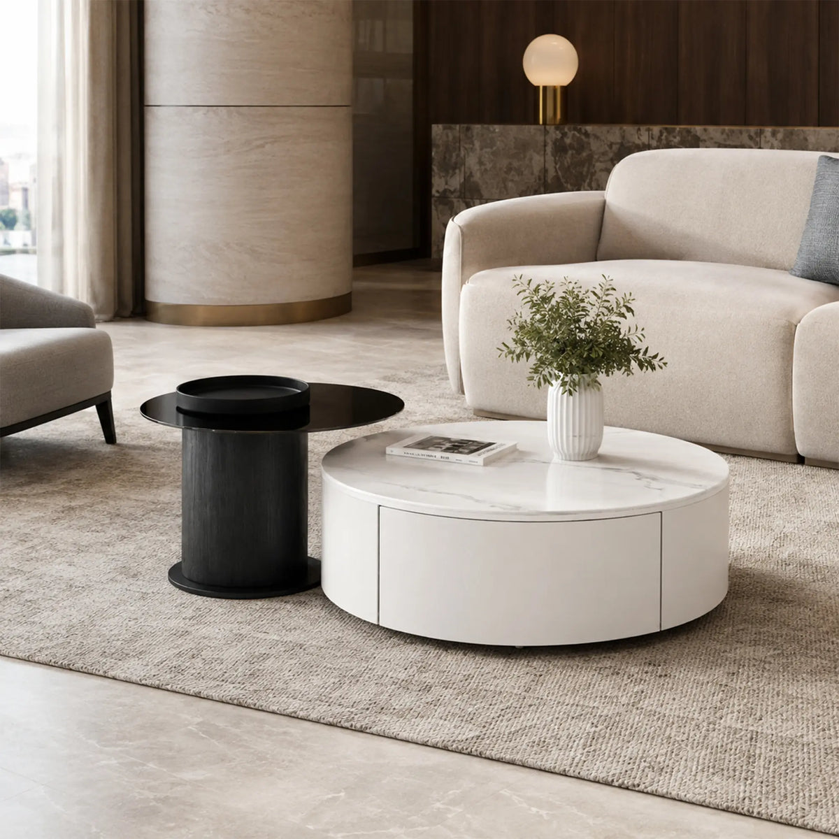 LIVARA Modern Coffee Table Set Sintered Stone Tempered Glass Solid Wood Drawer for Living Room Apartment Reception Area - White & Black