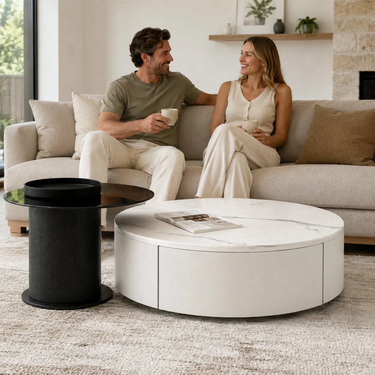 LIVARA Modern Coffee Table Set Sintered Stone Tempered Glass Solid Wood Drawer for Living Room Apartment Reception Area - White & Black