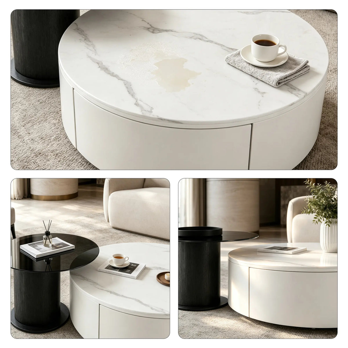 LIVARA Modern Coffee Table Set Sintered Stone Tempered Glass Solid Wood Drawer for Living Room Apartment Reception Area - White & Black