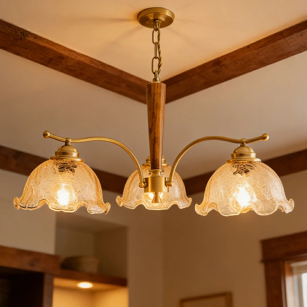 LIVARA Vintage Chandelier 3-Light Crackle Glass Shade E27 6W Warm Light Rubber Wood Frame Elegant Design for Dining Room Living Room Bedroom
