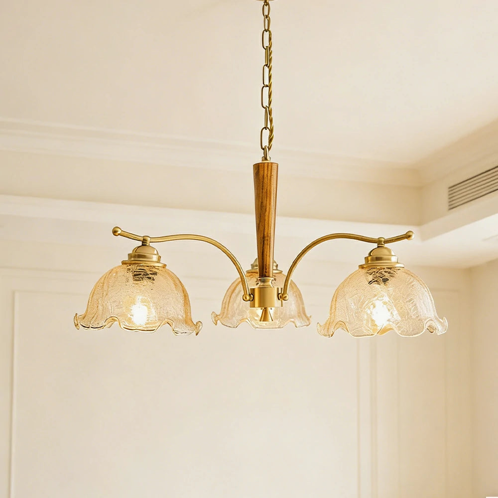 LIVARA Vintage Chandelier 3-Light Crackle Glass Shade E27 6W Warm Light Rubber Wood Frame Elegant Design for Dining Room Living Room Bedroom