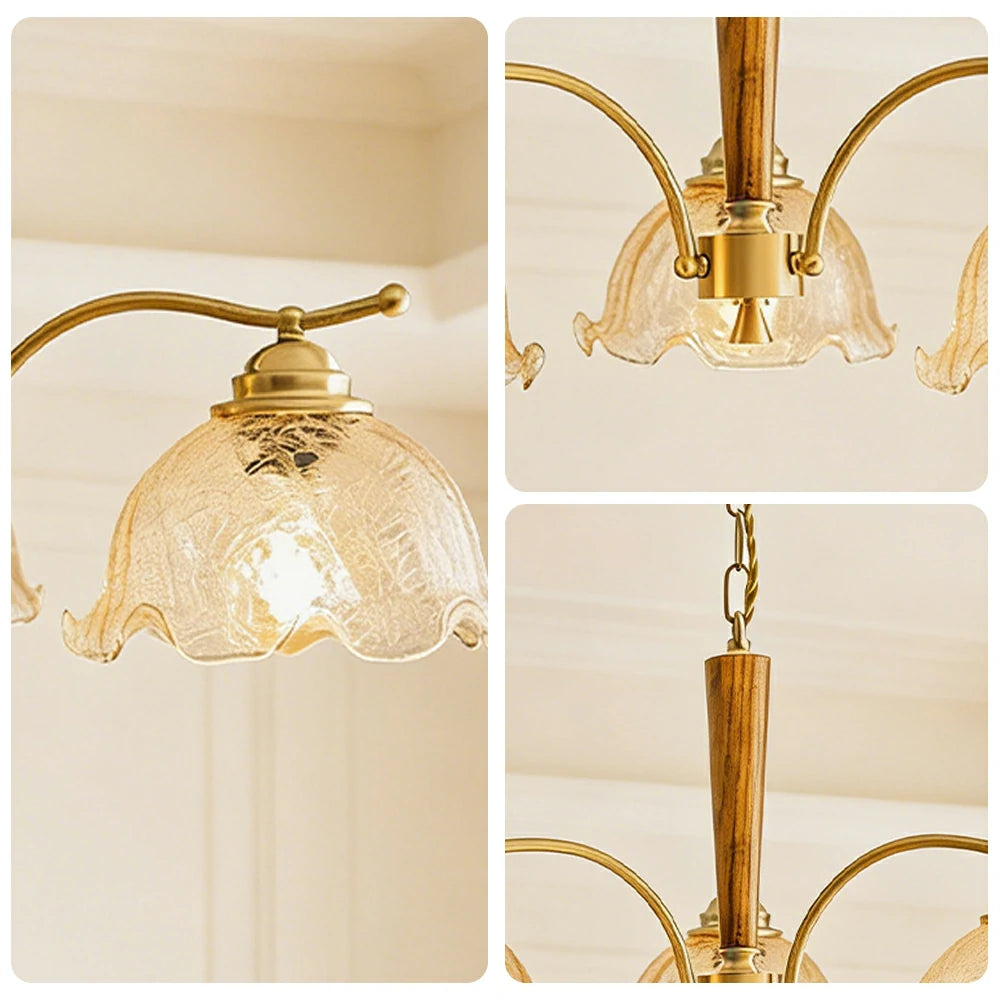 LIVARA Vintage Chandelier 3-Light Crackle Glass Shade E27 6W Warm Light Rubber Wood Frame Elegant Design for Dining Room Living Room Bedroom