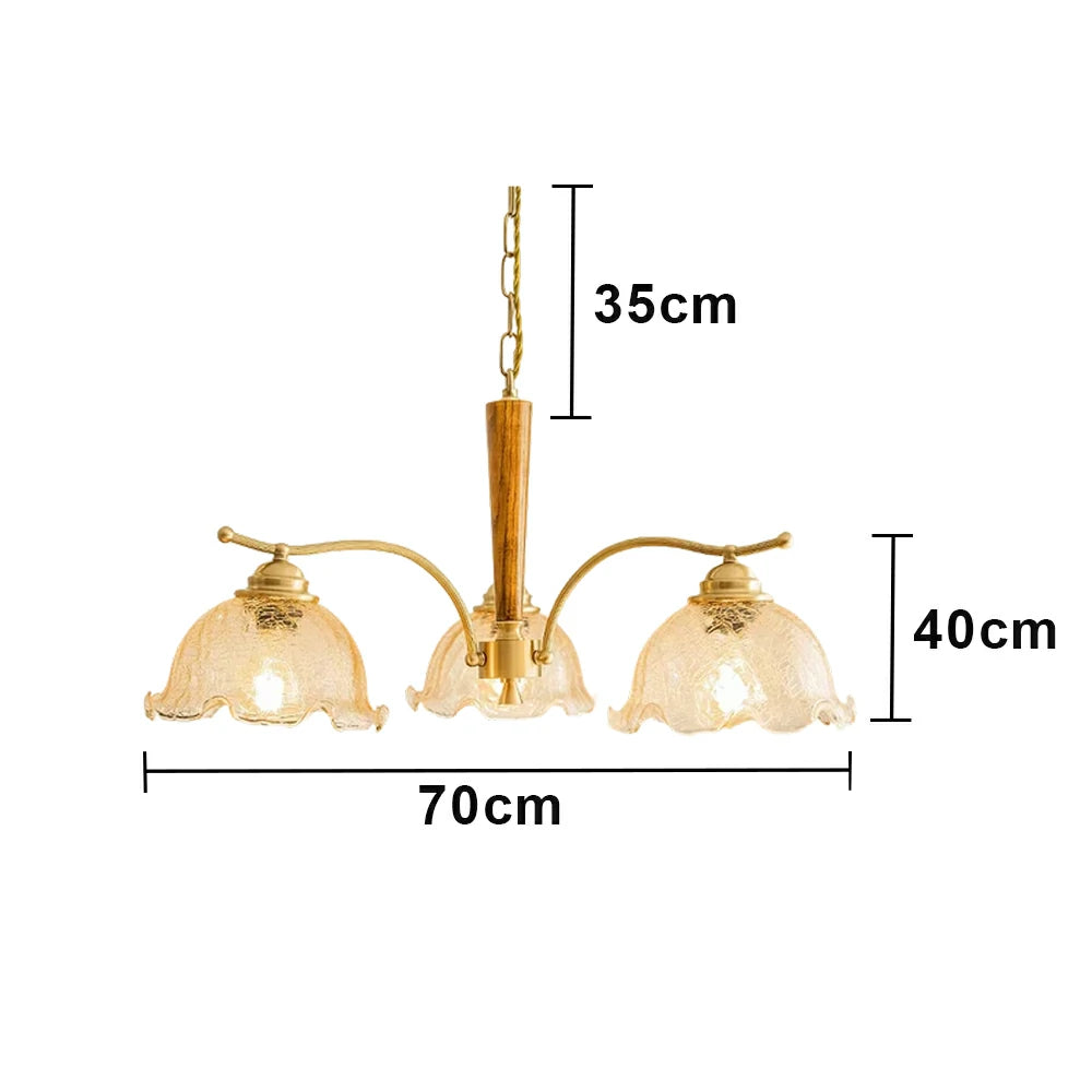 LIVARA Vintage Chandelier 3-Light Crackle Glass Shade E27 6W Warm Light Rubber Wood Frame Elegant Design for Dining Room Living Room Bedroom