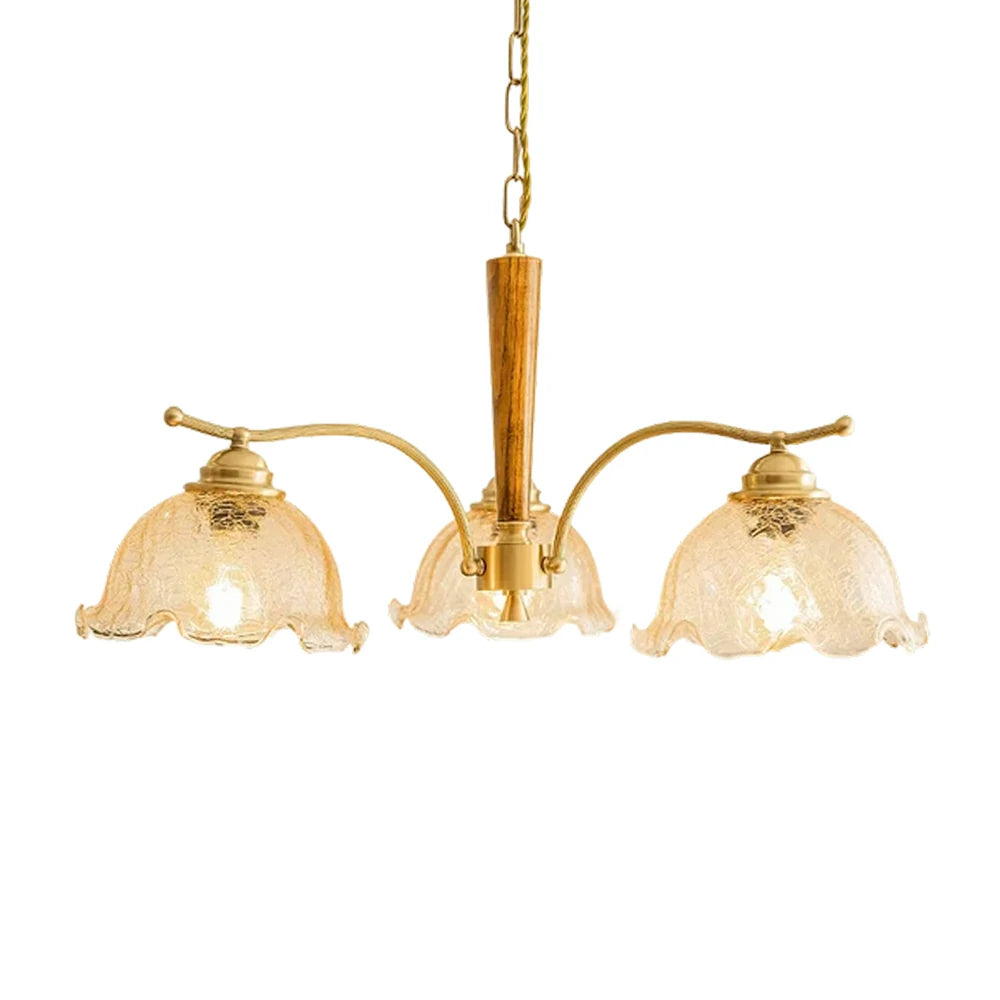 LIVARA Vintage Chandelier 3-Light Crackle Glass Shade E27 6W Warm Light Rubber Wood Frame Elegant Design for Dining Room Living Room Bedroom