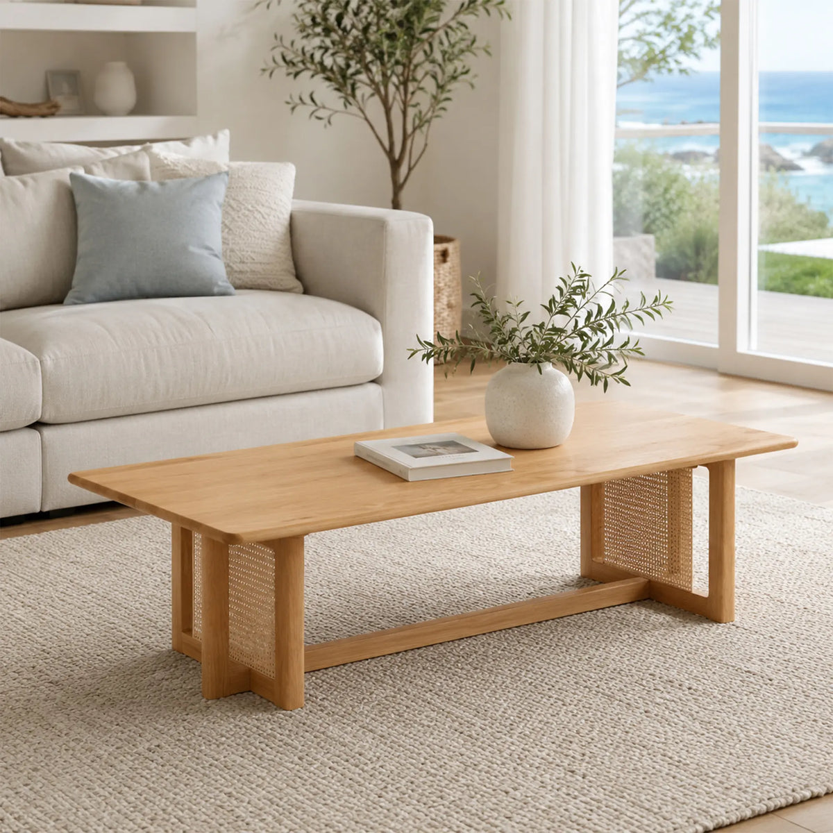 LIVARA Red Oak Rattan Coffee Table FAS Grade Solid Wood Handwoven Natural Rattan for Living Room Lounge Reception Area
