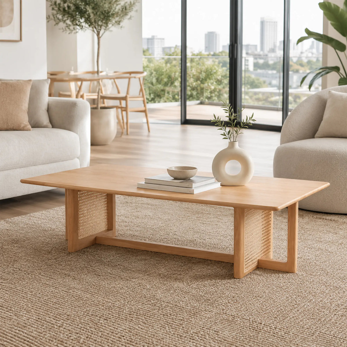 LIVARA Red Oak Rattan Coffee Table FAS Grade Solid Wood Handwoven Natural Rattan for Living Room Lounge Reception Area