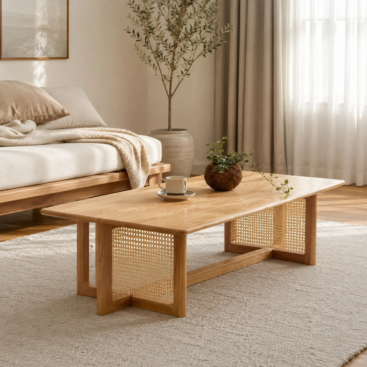 LIVARA Red Oak Rattan Coffee Table FAS Grade Solid Wood Handwoven Natural Rattan for Living Room Lounge Reception Area